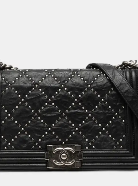 Chanel Boy Old Medium Black Quilted Crumpled Calfskin Studded Flap Bag