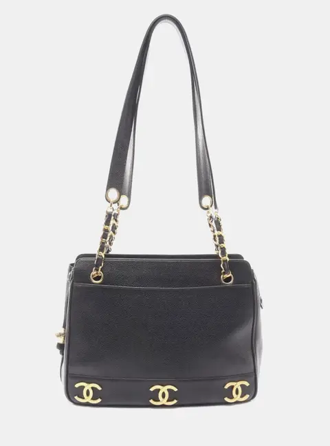 Chanel Vintage Triple CC Black Caviar Leather Shoulder Bag