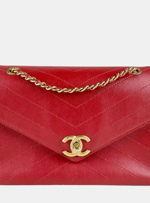 Chanel Coco Chevron Small Red Lambskin Leather Envelope Flap Bag