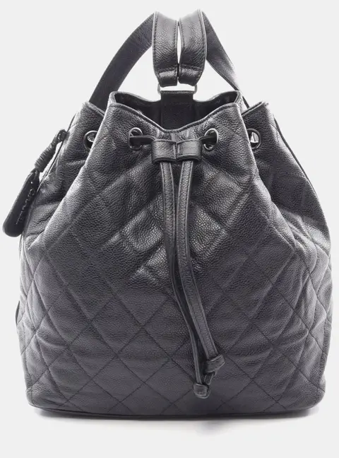 Chanel Matelasse Vintage Black Grained Calfskin Leather Drawstring Backpack Bag