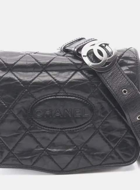 Chanel Oval Logo Medium Black Aged Calfskin Leather Shoulder Bag