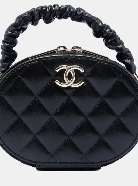 Chanel Ruched Oval Mini Black Lambskin Leather Top Handle Bag