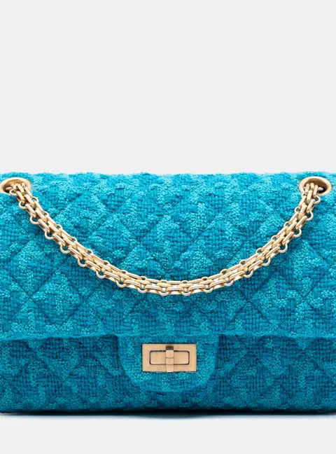 Chanel Quilted Tweed Reissue 2.55 Double Flap 225 Turquoise Tweed Shoulder Bag