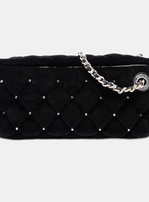 Chanel CC Quilted Black Velvet Crystal Wristlet Clutch Bag