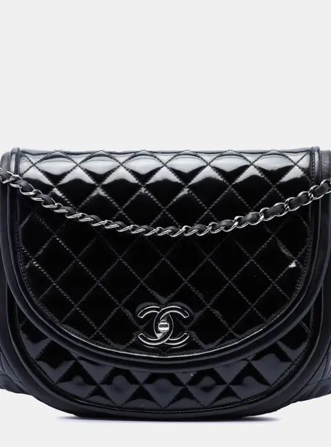 Chanel Quilted Black Patent and Lambskin Twist Crescent Flap Bag