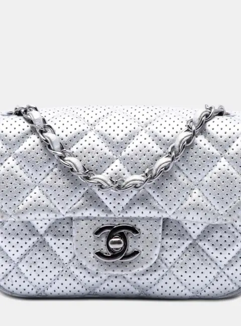 Chanel Mini Square Classic Perforated Metallic Silver Lambskin Single Flap Bag