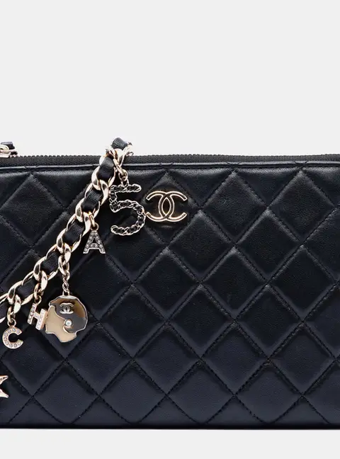 Chanel Coco Charms Medium Black Quilted Lambskin Gold Tone Metal Wristlet Bag