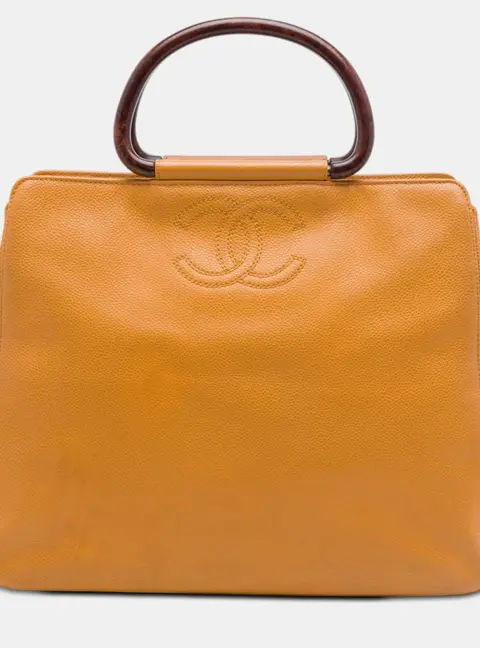 Chanel Yellow Vintage Caviar Wood Top Handle Tote Bag