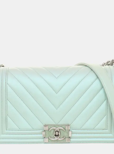 Chanel Boy Old Medium Light Green Chevron Iridescent Calfskin Leather Shoulder Bag