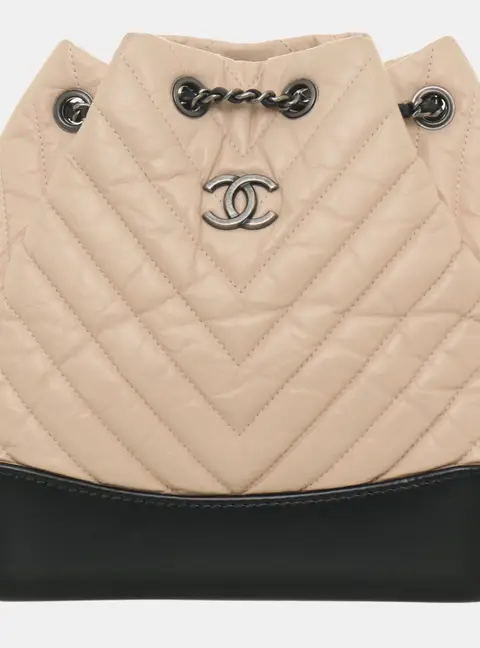 Chanel Gabrielle Small Beige Black Calfskin Leather Backpack Bag