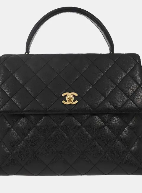 Chanel Vintage Kelly Black Quilted Caviar Leather Top Handle Bag