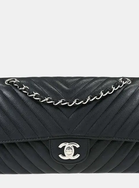 Chanel Medium Classic Double Flap Black Grained Calfskin Leather Shoulder Bag