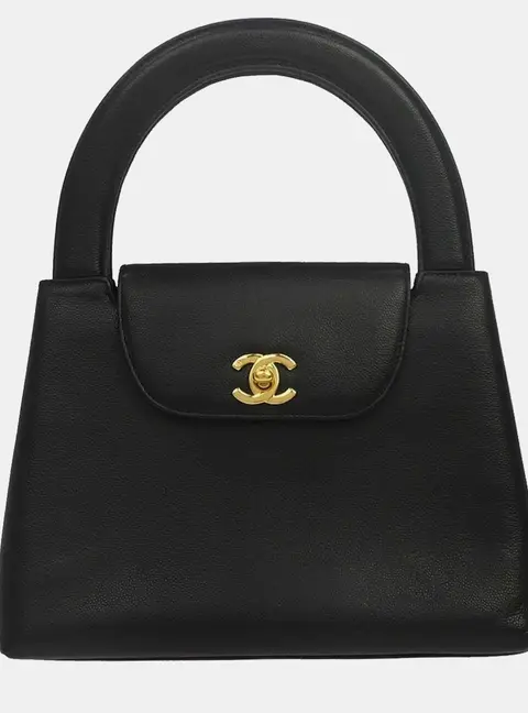 Chanel Vintage Mini Kelly Black Grained Caviar Leather Top Handle Bag