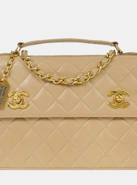 Chanel Vintage Double CC Turnlock 23 Beige Lambskin Leather Top Handle Bag
