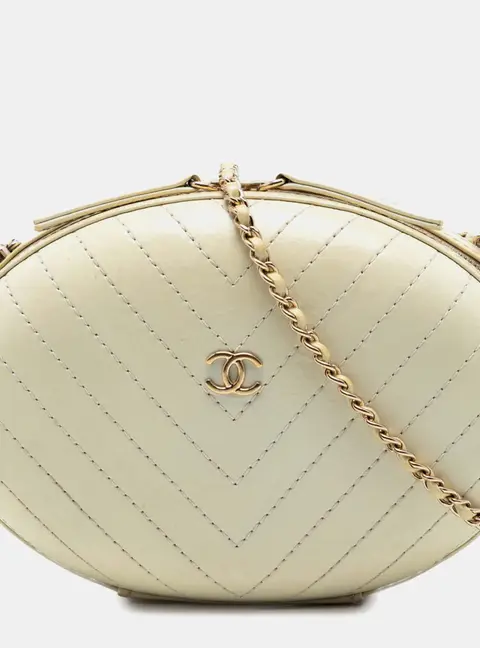 Chanel La Pausa Small Off-White Chevron Calfskin Leather Oval Evening Crossbody Bag