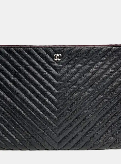 Chanel Chevron Quilted Large Black Caviar Leather Clutch Bag