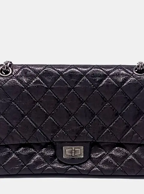 Chanel 2.55 28 Black Distressed Calfskin Leather Shoulder Bag
