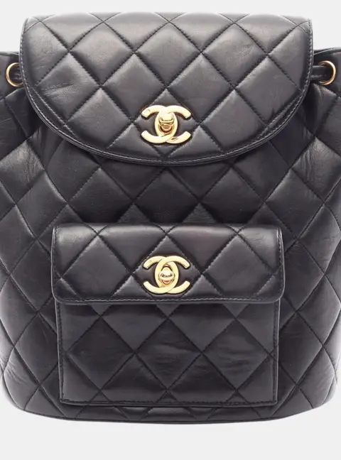 Chanel Duma Medium Black Quilted Lambskin Leather Drawstring Backpack Bag