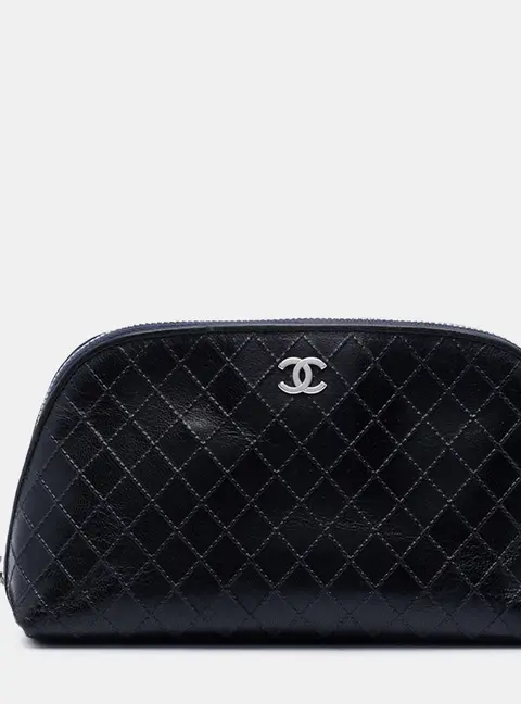 Chanel CC Diamond Embossed Black Calfskin Leather Cosmetic Pouch Bag
