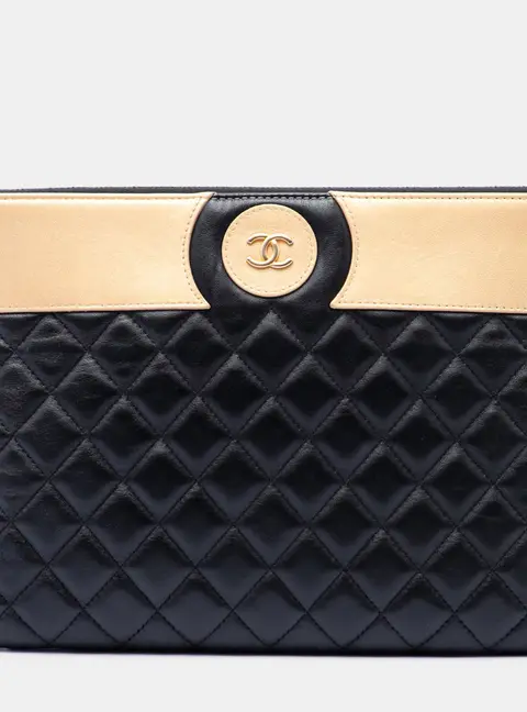 Chanel CC Bicolor Medium Black Quilted Lambskin Clutch Bag