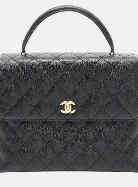 Chanel Black CC Quilted Caviar Kelly Black Caviar Leather Top Handle Bag