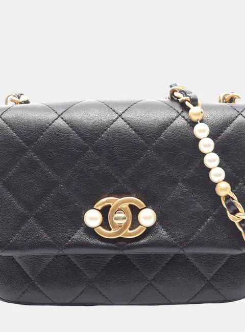 Chanel Pearl Side Mini Black Glazed Calfskin Flap Bag