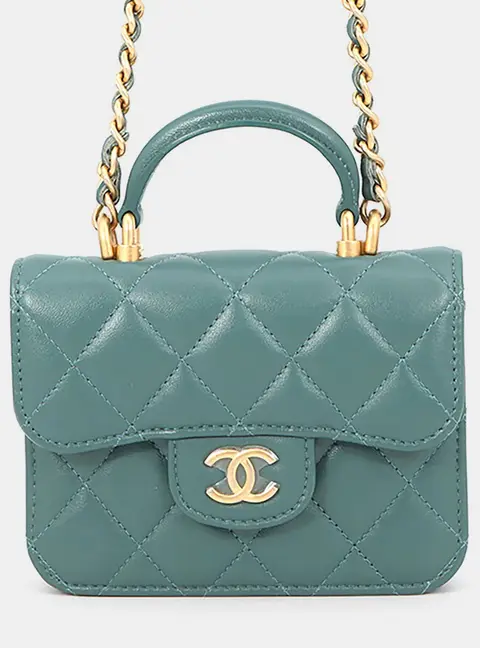 Chanel Mini Flap Bag Green Lambskin Leather Top Handle Bag