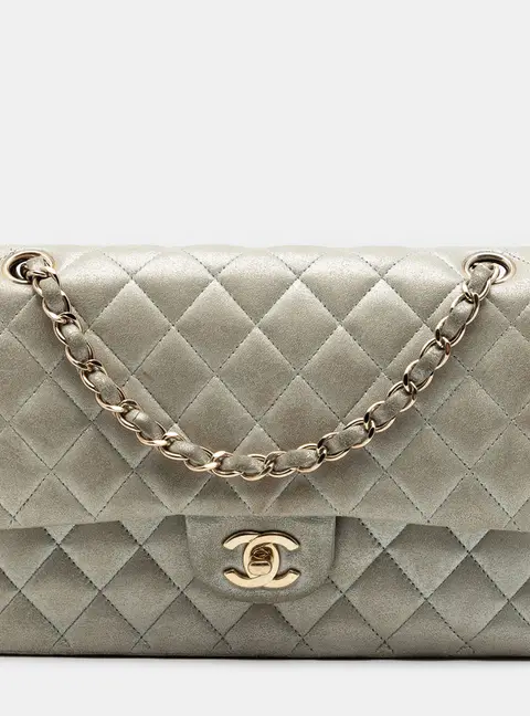 Chanel Classic Double Flap Medium Metallic Silver Iridescent Lambskin Leather Shoulder Bag