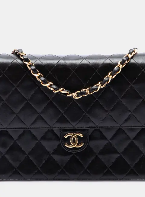 Chanel Vintage Medium CC Quilted Black Lambskin Leather Single Flap Shoulder Bag