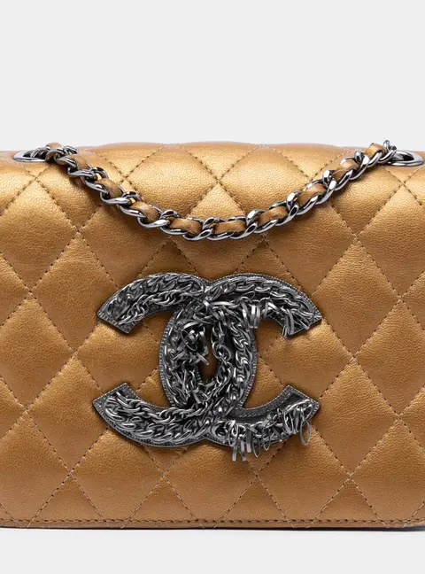 Chanel CC Chain Fringe Full Flap Mini Gold Metallic Lambskin Crossbody Bag