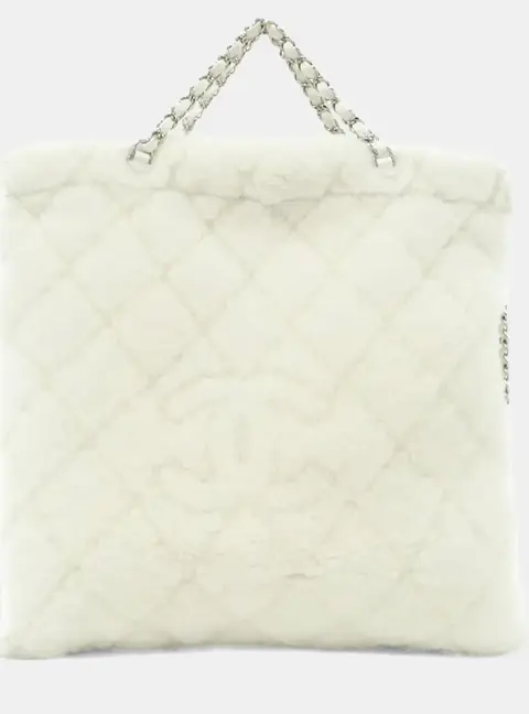 Chanel Coco Neige White Quilted Shearling Silver Tone Metal Backpack Bag