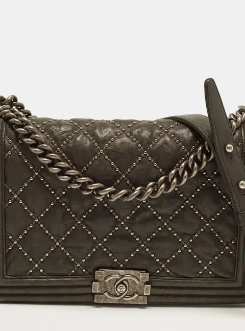 Chanel Studded Boy Flap New Medium Green Quilted Leather Bag