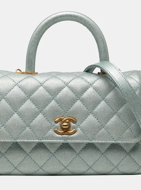 Chanel Light Blue Chanel Mini Metallic Caviar Quilted Coco Handle Flap Light Blue Top Handle Bag