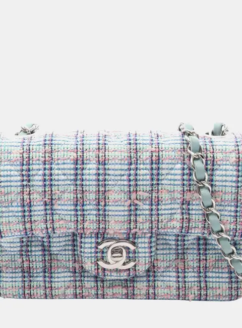 Chanel Mini Matelasse 20 Blue Green Pink Tweed Single Flap Bag