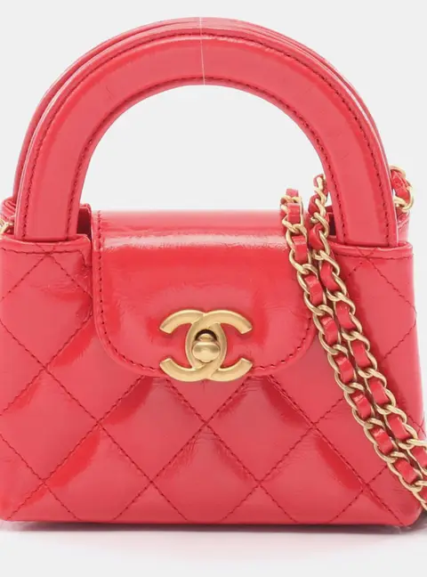 Chanel Matelasse Nano Red Shiny Aged Calfskin Leather Top Handle Bag