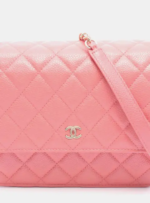 Chanel Matelasse Square Wallet On Chain Pink Caviar Grained Calfskin Crossbody Bag