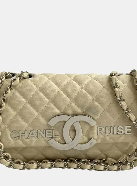 Chanel Cruise Matelasse Coco Mark Ivory Canvas Shoulder Bag