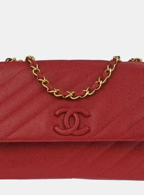 Chanel Vintage Diagonal Quilt Jumbo Red Caviar Grained Leather Shoulder Bag