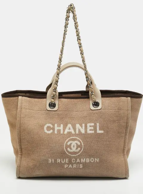 Chanel Deauville Large Dark Beige/Brown Canvas Shopper Tote