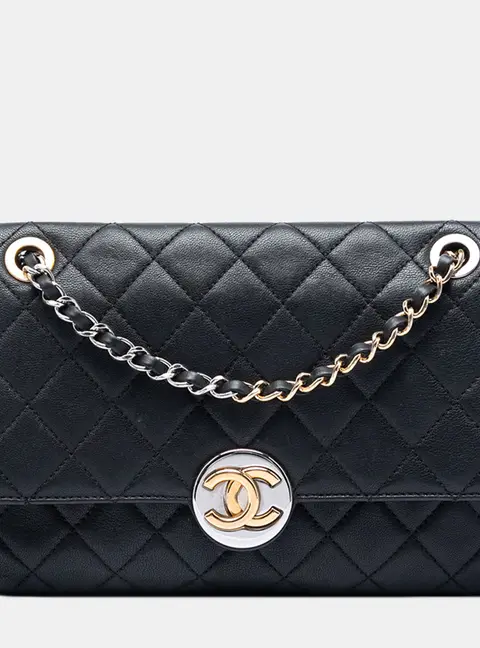 Chanel Quilted Round Turn Lock Flap Medium Black Calfskin Leather Shoulder Bag