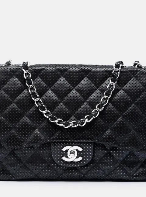Chanel Classic Flap Jumbo Black Perforated Lambskin Leather Single Flap Bag