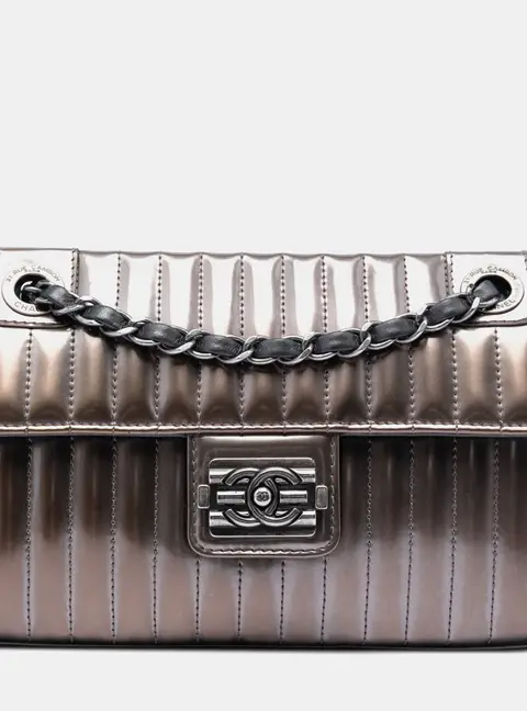 Chanel Maharaja Express Small Metallic Grey Vertical Quilted Patent Leather Flap Bag