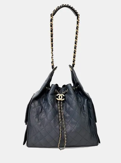 Chanel Drawstring Medium Black Calfskin Leather Shoulder Bag