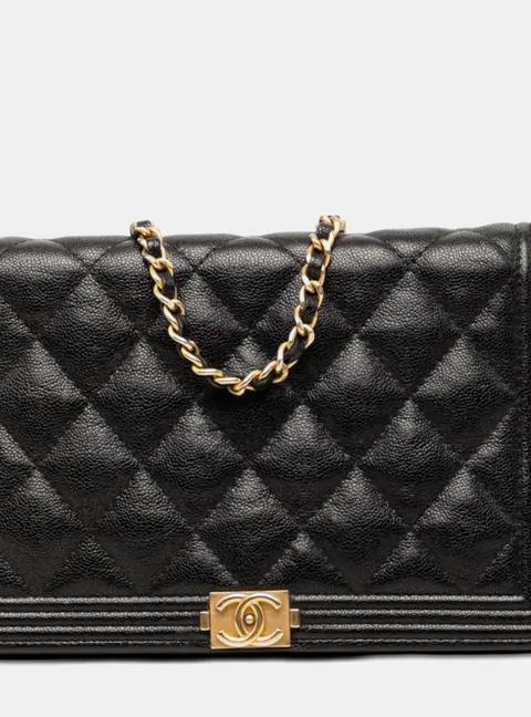 Chanel Boy Black Quilted Caviar Leather Wallet on Chain Bag
