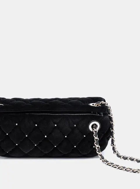 Chanel Velvet Diamante Quilted Black Fabric Evening Wristlet Clutch Bag
