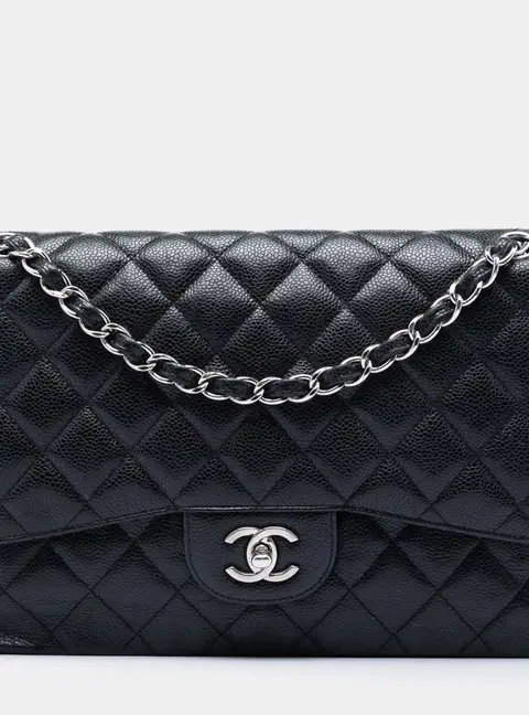 Chanel Classic Jumbo Black Quilted Caviar Leather Silver Hardware Double Flap Bag