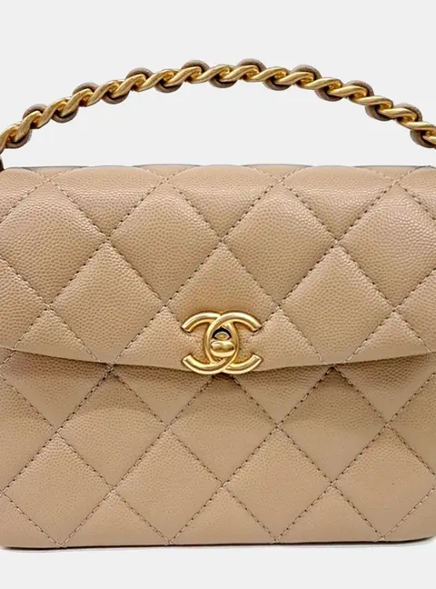 Chanel Mini Flap Beige Grained Calfskin Leather Top Handle Bag