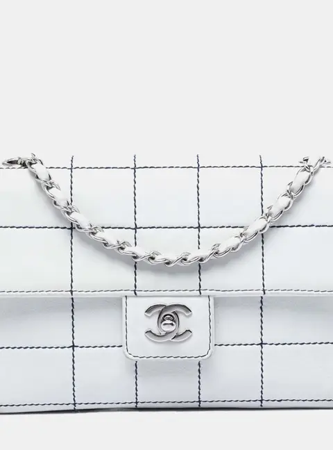 Chanel Chocolate Bar Medium White Stitched Lambskin Leather Flap Bag