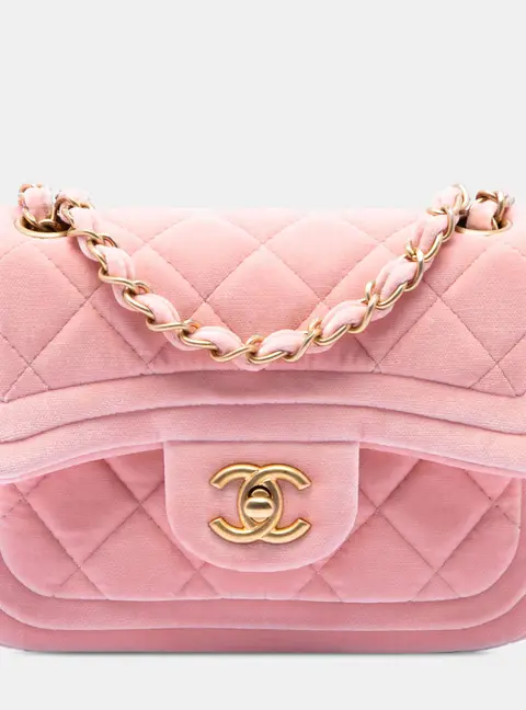 Chanel Mini Quilted Velvet Double Frame Flap Pink Velvet Crossbody Bag