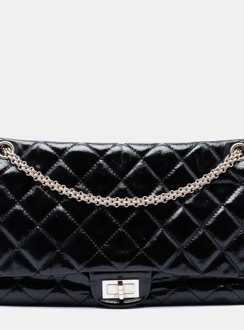 Chanel Reissue 2.55 Double Flap 227 Black Quilted Crinkled Patent Leather Shoulder Bag